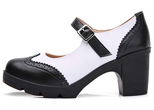 DADAWEN Women's Chunky Low Block Heels Mary Jane Closed Toe Work Pumps Comfortable Round Toe Oxfords Dress Wedding Shoes Black/White US Size 8.5