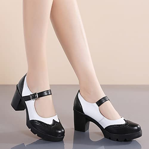 DADAWEN Women's Chunky Low Block Heels Mary Jane Closed Toe Work Pumps Comfortable Round Toe Oxfords Dress Wedding Shoes Black/White US Size 8.5