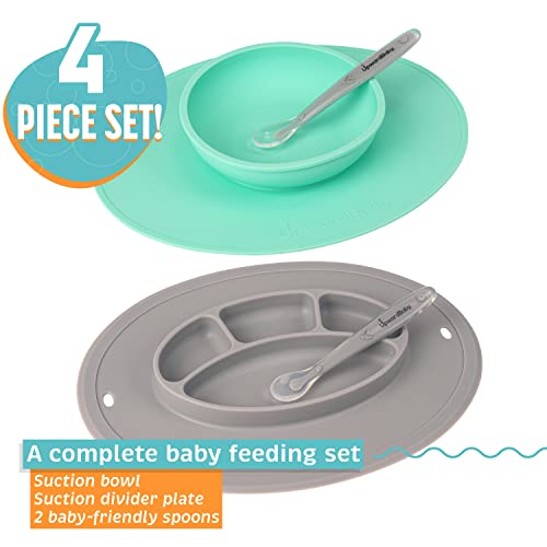 Upward Baby Suction Plates & Bowls for Baby -Toddler Essentials Silicone Baby Plate & Bowl with 2 Baby Spoons Self Feeding 6 Months - Kids Plates Baby Utensils & Baby Feeding Supplies BPA Free