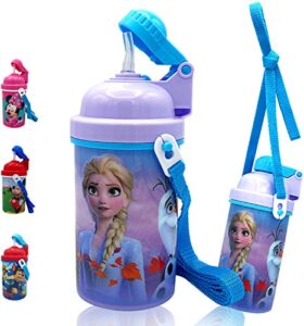 zak designs disney frozen one touch button water bottles with reusable built in straw, carrying strap - safe approved bpa free, easy to clean, for kids girls boys, goodies home travel