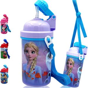 Zak Designs Disney Frozen One Touch Button Water Bottles with Reusable Built in Straw, Carrying Strap - Safe Approved BPA Free, Easy to Clean, for Kids Girls Boys, Goodies Home Travel