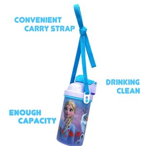 Zak Designs Disney Frozen One Touch Button Water Bottles with Reusable Built in Straw, Carrying Strap - Safe Approved BPA Free, Easy to Clean, for Kids Girls Boys, Goodies Home Travel