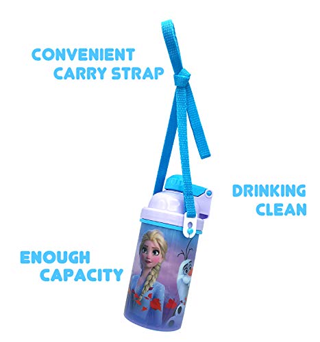 Zak Designs Disney Frozen One Touch Button Water Bottles with Reusable Built in Straw, Carrying Strap - Safe Approved BPA Free, Easy to Clean, for Kids Girls Boys, Goodies Home Travel