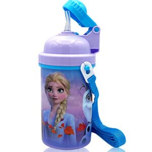 Zak Designs Disney Frozen One Touch Button Water Bottles with Reusable Built in Straw, Carrying Strap - Safe Approved BPA Free, Easy to Clean, for Kids Girls Boys, Goodies Home Travel