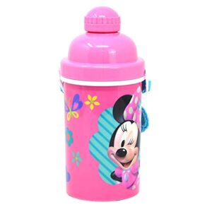 zak designs disney minnie one touch button water bottles with reusable built in straw, carrying strap - safe approved bpa free, easy to clean, for kids girls boys, goodies home travel