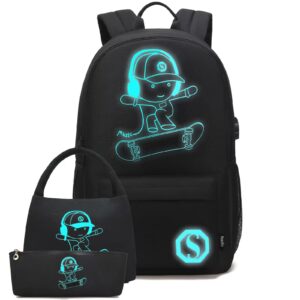 Pawsky School Backpack for Kids Skateboard Anime Luminous Backpack with USB Charging Port, Anti Theft Lock, College School Bookbag for Teen Boys and Girls with Lunch Bag and Pencil Case