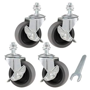 wharstm caster wheels, 3" locking swivel casters set of 4, 3/8"-16 x 1" (screw diameter 3/8 ", screw length 1") casters, rubber casters with 360 degree no noise castor wheels, stem casters with brake
