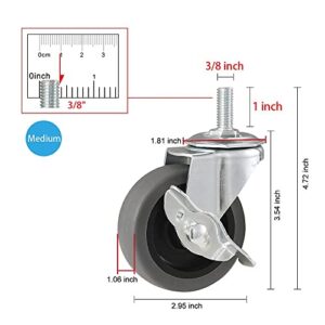 WHARSTM Caster Wheels, 3" Locking Swivel Casters Set of 4, 3/8"-16 x 1" (Screw Diameter 3/8 ", Screw Length 1") Casters, Rubber Casters with 360 Degree No Noise Castor Wheels, Stem Casters with Brake