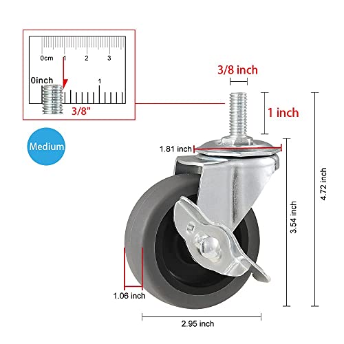 WHARSTM Caster Wheels, 3" Locking Swivel Casters Set of 4, 3/8"-16 x 1" (Screw Diameter 3/8 ", Screw Length 1") Casters, Rubber Casters with 360 Degree No Noise Castor Wheels, Stem Casters with Brake