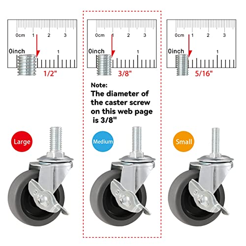 WHARSTM Caster Wheels, 3" Locking Swivel Casters Set of 4, 3/8"-16 x 1" (Screw Diameter 3/8 ", Screw Length 1") Casters, Rubber Casters with 360 Degree No Noise Castor Wheels, Stem Casters with Brake