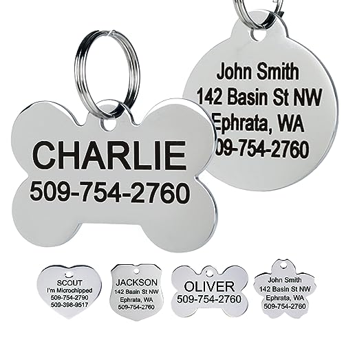 GoTags Stainless Steel Pet ID Tags, Personalized Dog Tags and Cat Tags, up to 8 Lines of Custom Text, Engraved on Both Sides, in Bone, Round, Heart, Bow Tie and More