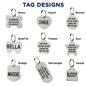 GoTags Stainless Steel Pet ID Tags, Personalized Dog Tags and Cat Tags, up to 8 Lines of Custom Text, Engraved on Both Sides, in Bone, Round, Heart, Bow Tie and More