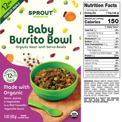 Sprout Organic Baby Food, Toddler Meals, Veggie Burrito Bowl with Beans & Quinoa, 5 Oz Bowl (8 Count)