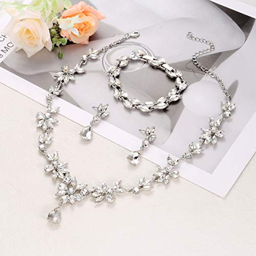 Florideco Wedding Bridal Jewelry Set for Women Rhinestone Necklace Bracelet Earrings Set Bridesmaid Crystal Jewelry