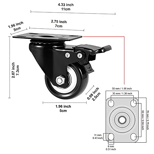 ASHGOOB 2" Caster Wheels Set of 4, Heavy Duty Casters with Brake, No Noise Locking Polyurethane (PU) Wheels, Swivel Plate Castors Pack 4