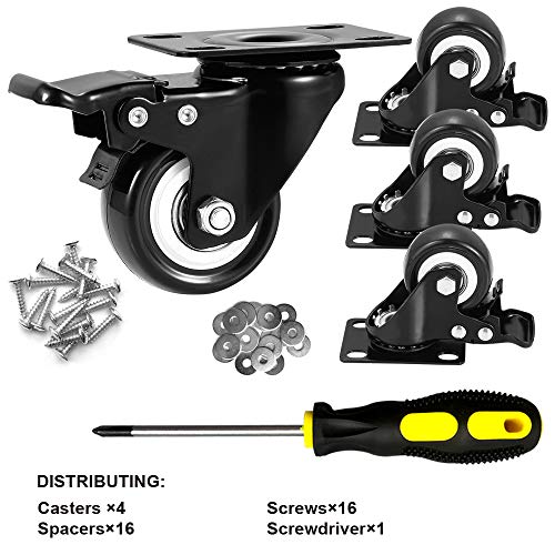 ASHGOOB 2" Caster Wheels Set of 4, Heavy Duty Casters with Brake, No Noise Locking Polyurethane (PU) Wheels, Swivel Plate Castors Pack 4