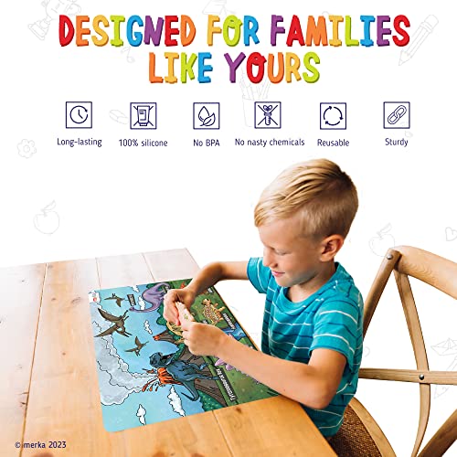 merka Fun and Educational Table Mat, Reusable Silicone Mat for Kids, Explore The World of Dinosaurs with T-Rex, Triceratops & More