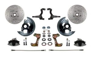 leed brakes power front disc brake conversion kit 2" drop spindle cross drilled and slotted rotors with 8" dual zinc booster cast iron m/c disc/drum side mount