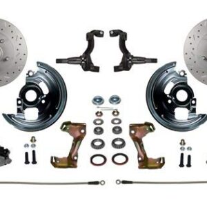 LEED BRAKES Power Front Disc Brake Conversion Kit 2" Drop Spindle Cross Drilled And Slotted Rotors With 8" Dual Zinc Booster Cast Iron M/C Disc/Drum Side Mount