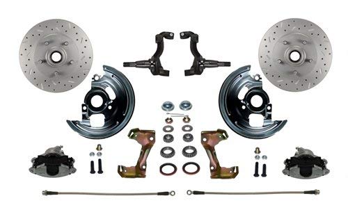 LEED BRAKES Power Front Disc Brake Conversion Kit 2" Drop Spindle Cross Drilled And Slotted Rotors With 8" Dual Zinc Booster Cast Iron M/C Disc/Drum Side Mount