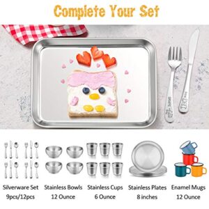 E-far Stainless Steel Kids Plates, 4 Pieces Mini Metal Dinner Dish Set for Kids Toddler Child, 7.3” x 5.3” x 0.75”, Non-Toxic & & Dishwasher Safe, Great for Self-Feeding/Picnic/Outdoor Camping