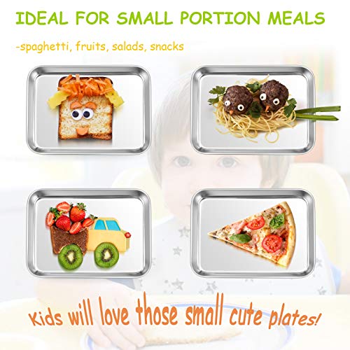 E-far Stainless Steel Kids Plates, 4 Pieces Mini Metal Dinner Dish Set for Kids Toddler Child, 7.3” x 5.3” x 0.75”, Non-Toxic & & Dishwasher Safe, Great for Self-Feeding/Picnic/Outdoor Camping