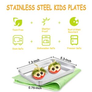 E-far Stainless Steel Kids Plates, 4 Pieces Mini Metal Dinner Dish Set for Kids Toddler Child, 7.3” x 5.3” x 0.75”, Non-Toxic & & Dishwasher Safe, Great for Self-Feeding/Picnic/Outdoor Camping