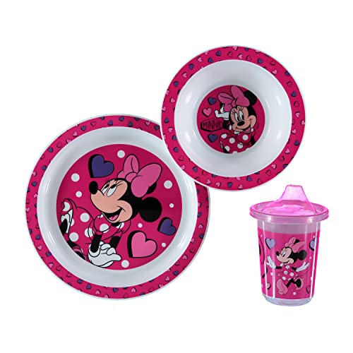 Minnie Mouse Dinner Set Box with Plate, Bowl, and Spill-Free Training Cup For Kids - Cute and Fun Disney Baby BPA Free Plastic Dinnerware Set Featuring Minnie Mouse for Boys and Girls - 3 Pieces Set