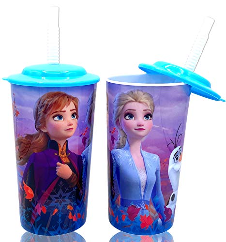 Disney Frozen 2 Elsa Anna Drink Tumblers with Lid, Reusable Straw Set for Kids Girls Toddlers, Pack of 2 - Safe BPA free by Zak design,16 ounces