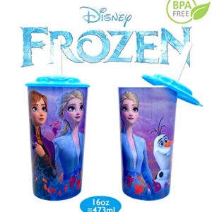 Disney Frozen 2 Elsa Anna Drink Tumblers with Lid, Reusable Straw Set for Kids Girls Toddlers, Pack of 2 - Safe BPA free by Zak design,16 ounces