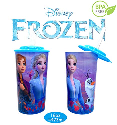 Disney Frozen 2 Elsa Anna Drink Tumblers with Lid, Reusable Straw Set for Kids Girls Toddlers, Pack of 2 - Safe BPA free by Zak design,16 ounces