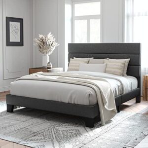 allewie full size platform bed frame with fabric upholstered headboard and wooden slats support, fully upholstered mattress foundation/no box spring needed/easy assembly, dark grey