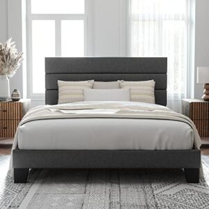 Allewie Full Size Platform Bed Frame with Fabric Upholstered Headboard and Wooden Slats Support, Fully Upholstered Mattress Foundation/No Box Spring Needed/Easy Assembly, Dark Grey