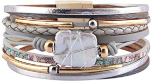fesciory leopard bracelet for women, boho leather wrap multi-layer pearl crystal bracelet bangle jewelry(gray leather(pearl))
