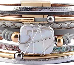 Fesciory Leopard Bracelet for Women, Boho Leather Wrap Multi-Layer Pearl Crystal Bracelet Bangle Jewelry(Gray Leather(Pearl))