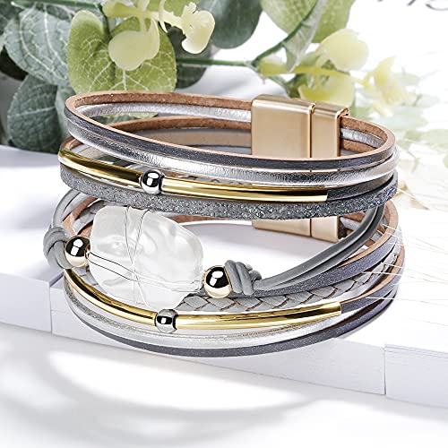 Fesciory Leopard Bracelet for Women, Boho Leather Wrap Multi-Layer Pearl Crystal Bracelet Bangle Jewelry(Gray Leather(Pearl))