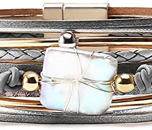 Fesciory Leopard Bracelet for Women, Boho Leather Wrap Multi-Layer Pearl Crystal Bracelet Bangle Jewelry(Gray Leather(Pearl))