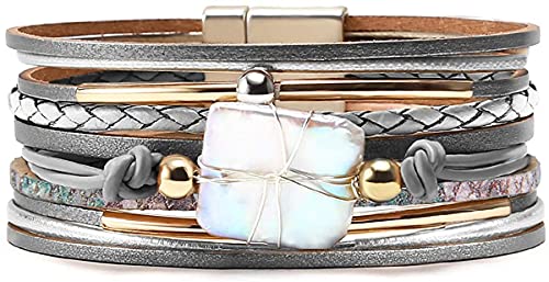 Fesciory Leopard Bracelet for Women, Boho Leather Wrap Multi-Layer Pearl Crystal Bracelet Bangle Jewelry(Gray Leather(Pearl))