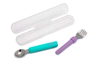 melii spork on the go - travel utensils for babies and toddlers - detachable fork and spoon with carrying case - blue & purple