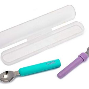 melii Spork On The Go - Travel Utensils for Babies and Toddlers - Detachable Fork and Spoon with Carrying Case - Blue & Purple