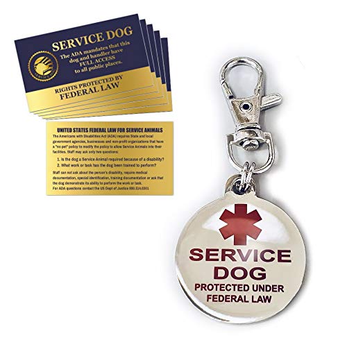 Service Dog Tag Double Sided Federal Protection with Medical Alert Symbol | Includes Five Service Dog Law Cards | Attaches to Collar Harness Vest Dog Service Tag