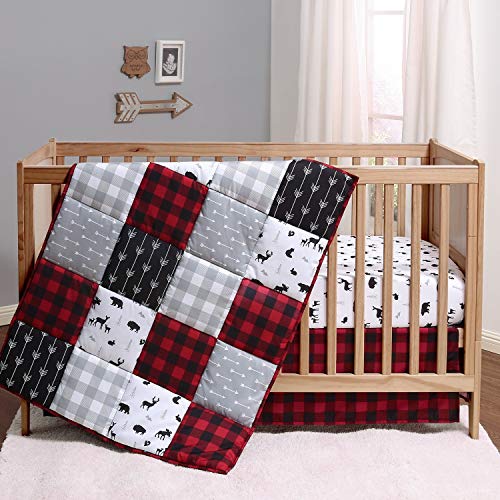 The Peanutshell Buffalo Plaid Crib Bedding Set for Boys or Girls, Woodland Animals, 3 Pieces