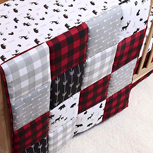 The Peanutshell Buffalo Plaid Crib Bedding Set for Boys or Girls, Woodland Animals, 3 Pieces