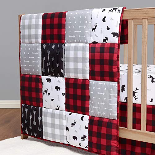 The Peanutshell Buffalo Plaid Crib Bedding Set for Boys or Girls, Woodland Animals, 3 Pieces