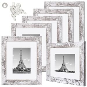 upsimples picture frame distressed white with real glass, display pictures 5x7 with mat or 8x10 without mat, multi photo frames collage for wall or tabletop display, set of 6