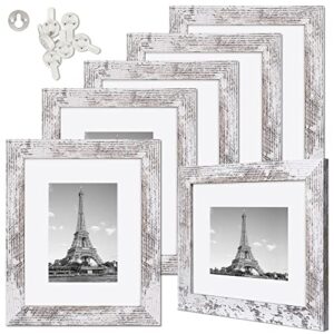 upsimples Picture Frame Distressed White with Real Glass, Display Pictures 5x7 with Mat or 8x10 Without Mat, Multi Photo Frames Collage for Wall or Tabletop Display, Set of 6