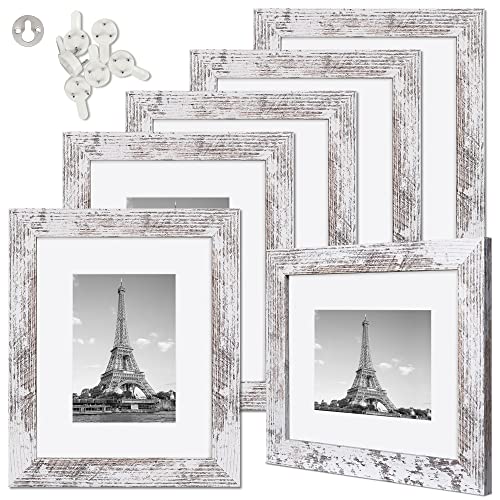 upsimples Picture Frame Distressed White with Real Glass, Display Pictures 5x7 with Mat or 8x10 Without Mat, Multi Photo Frames Collage for Wall or Tabletop Display, Set of 6