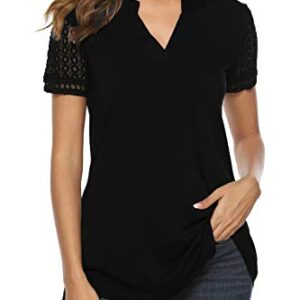 Zattcas Women's Summer V Neck Short Sleeve Tunic Shirt Business Casual Blouses for Women Black Medium