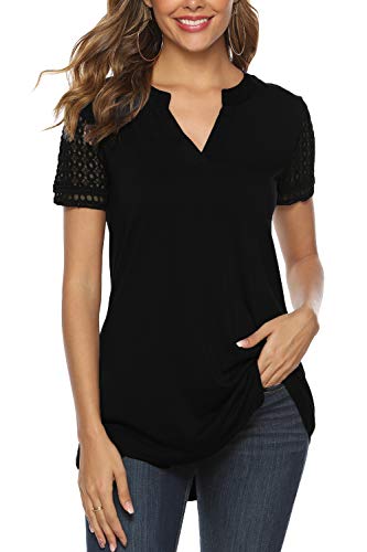 Zattcas Women's Summer V Neck Short Sleeve Tunic Shirt Business Casual Blouses for Women Black Medium