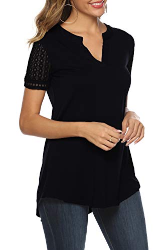 Zattcas Women's Summer V Neck Short Sleeve Tunic Shirt Business Casual Blouses for Women Black Medium